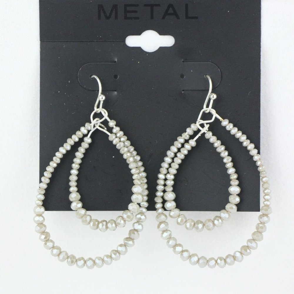 Metal Earrings 1 3/4" Silver-tone Hook Double Teardrop Gray-Brown Beads